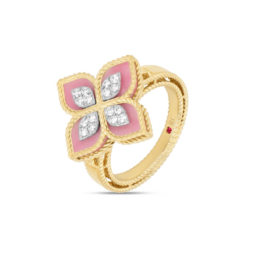 Princess Flower – ring in yellow gold, rhodonite and diamonds