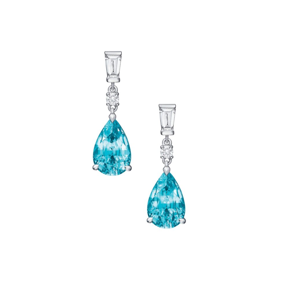 Earrings in white gold set with two blue zircons and diamonds